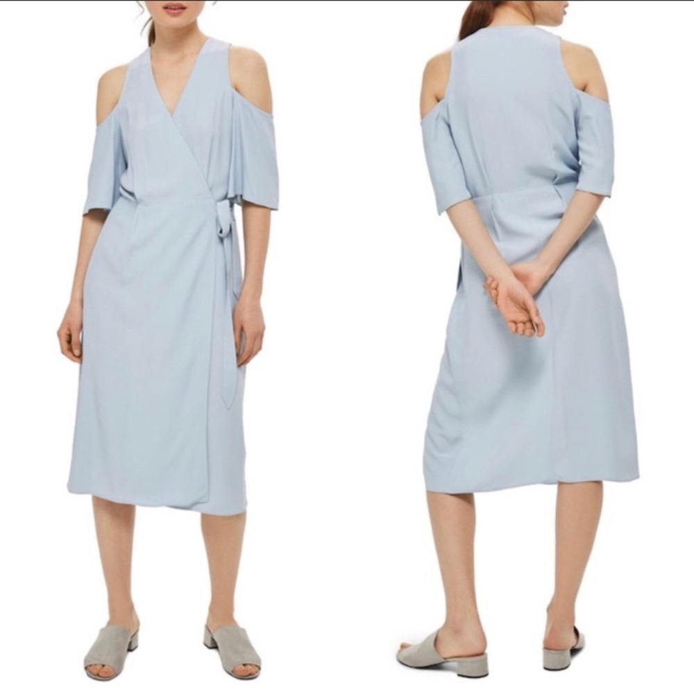Topshop Pale Blue Cold Shoulder Midi Wrap Dress